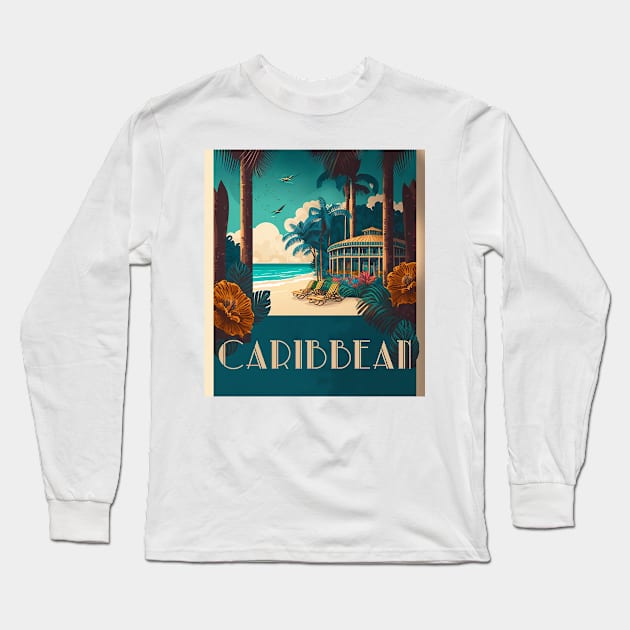 Caribbean Beach Resort Vintage Travel Art Poster Long Sleeve T-Shirt by OldTravelArt